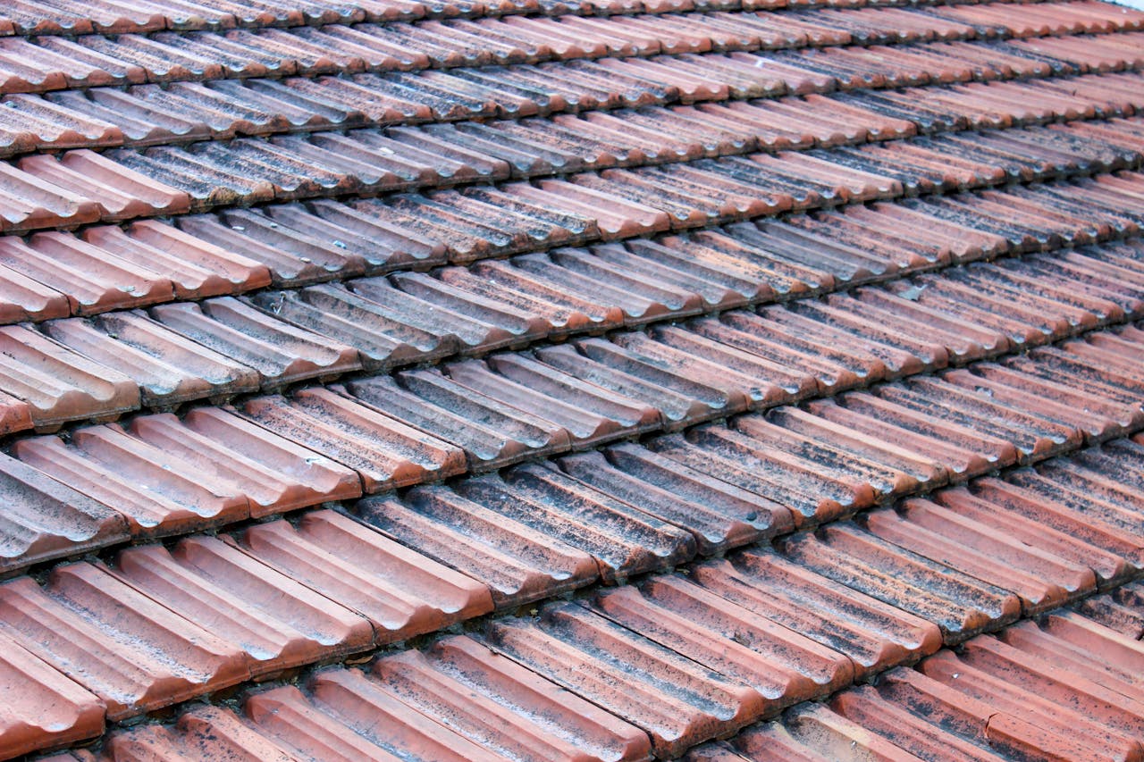 A close-up view of weathered clay roof tiles, showcasing texture and patterns.